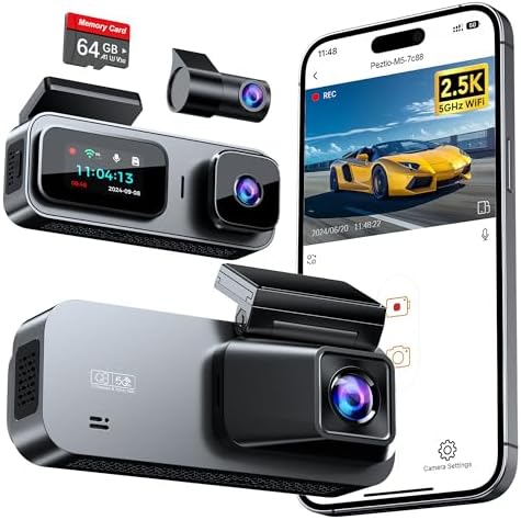 3 Channel 5GHz WiFi Dash Cam with 64GB Card, 2.5K+1080P Dash Cam Front and Rear/Inside, 2.5K+1080P+1080P Three Way Dash Camera for Cars, Dashcam 24H Parking Mode, Support 256GB Max Silver