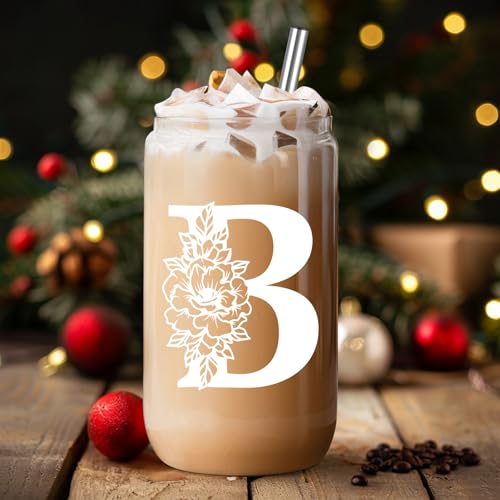 Coolife Initial Glass Cup, Monogrammed Gifts for Women, 16 oz Glass Cups w/Lids Straws, Iced Coffee, Smoothie, Beer Glass Tumbler w/Straw Lid - Personalized Christmas, Birthday Gifts for Her Mom