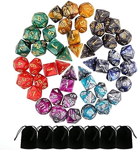 7 Sets (49PCS) Acrylic Polyhedral Dice Set for Dungeons & Dragons/RPG – Complete D&D/DND Dice Sets (D20, D12, D8, D6, D4 & 2×D10 [0-9 & 00-90]) with 7 Pouches