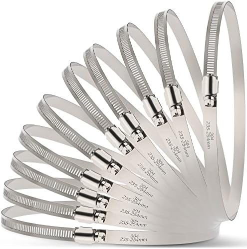 10Pack 10 inch Hose Clamp,Stainless Steel Large Hose Clamps Adjustable from 9-1/4"-10"/235-254mm,Metal Worm Drive Gear Duct Clamp for Air Ducting,Dryer Vent Hose,Fuel Line,Plumbing,Automotive