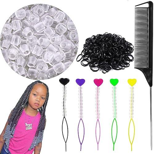 406-Piece Hair Accessory Set for Braiding: Clear Beads, Elastic Bands, Quick Beader, and Rat Tail Comb for Girls and Women