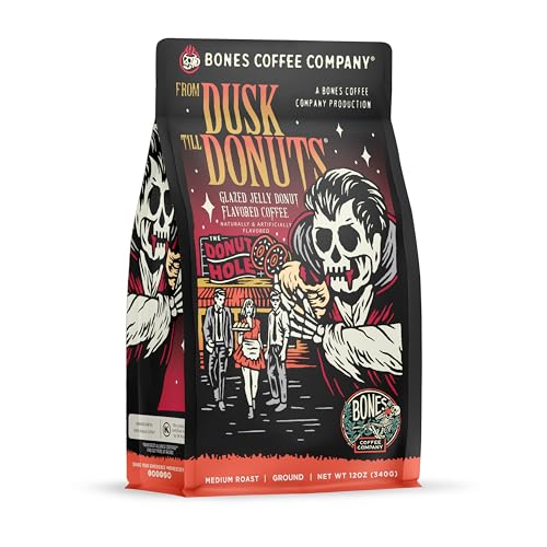Bones Coffee Company From Dusk Till Donuts Flavored Coffee Beans, Medium Roast Ground Coffee Low Acid, Jelly Donuts Flavor (12 oz)