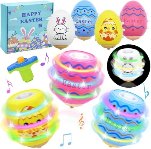 Easter Basket Stuffers for Kids - 4 Pack Light Up Spinning Tops with Flash, Egg Fillers Essentials for Boys Girls Toddler, Glow in The Dark Hunt Prizes Goodie Bag Toys Party Favors Gift Ideas