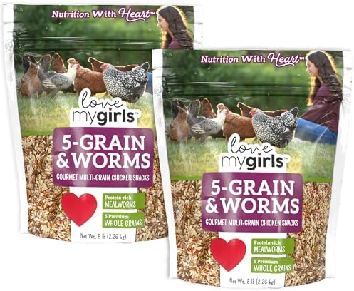 Love My Girls 5-Grain and Worms Chicken Treats, Corn-Free Treats for Chickens with Protein Rich Mealworms, (2) 5lb Bags