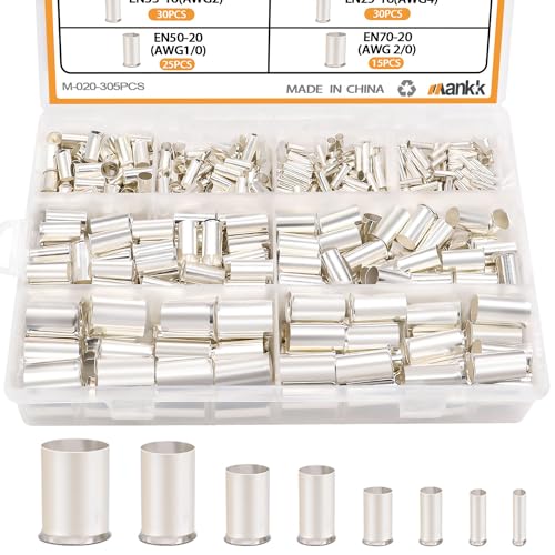 mankk 305 Pcs Wire Ferrules Kits Silver Plated Copper Crimp Terminal Connector 8 Sizes AWG (1/0 2/0 2 4 6 8 10 12) Sleeves Insulated Cord Pin End Terminal M-020-305PCS