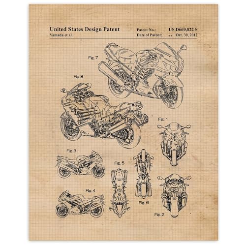 Classic Ninja Motorcycle Patent Prints, 1 (11x14) Unframed Photos, Wall Art Decor Gift for Home Kawasaki Office Engine Gears Garage School Student Teacher AMA Motorsports Coach Bike Team Racing