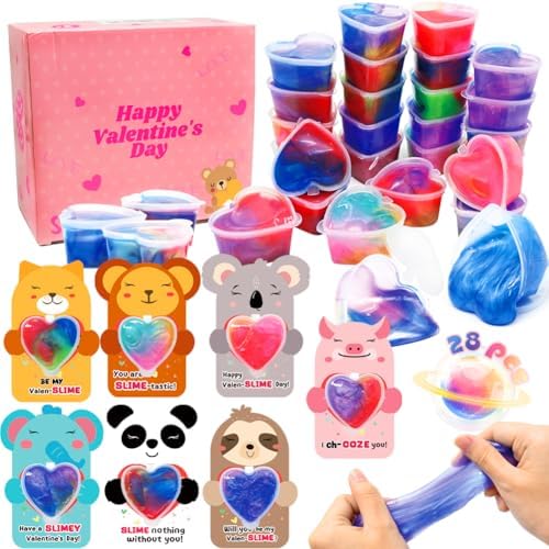 28Pcs Valentines Day Gift Cards with Colorful Slime Set, Cute Animals Cards Stress Relief Fidget Toys for Kids Valentine’s Day Classroom Gift Exchange Party DIY Favors