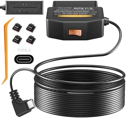 OBD2 OBD Power Cable for Dash Camera, OBD to Type-C USB OBDII Adapter Hardwire Charger Cable 24 Hours Surveillance and Acc Two Mode with Switch Button and Low Voltage Protection, 12-36V to 5V/3A