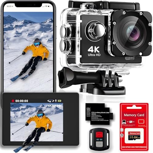 4K 30FPS WiFi Action Camera- 98FT Waterproof Ultra HD Underwater Camera, 170° Wide Angle 2.0" Screen, Sports Camera with 2 Batteries, 64G Memory Card, Mounting Accessories Kit