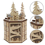 MorTime LED Revolving Music Box Advent Calendar Decorated with Christmas Tree Reindeer House LED Lights, Lighted Wooden Carved 24 Day Countdown to Christmas Calendar, 24 Storage Drawers