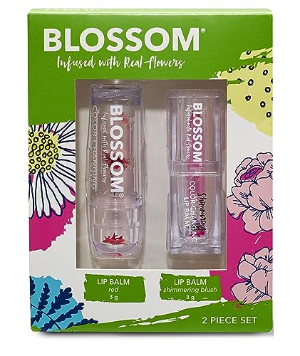 Blossom Moisturizing Scented pH Color Changing 2 pack, Strawberry Scented Crystal Lip Balm (Red), Shimmer Sparkle Lip Stain Tint (Blush), Infused with Real Flowers, 6g, Red/Blush
