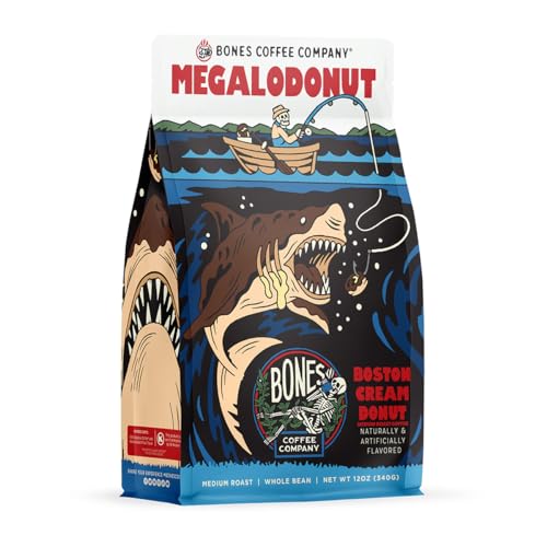 Bones Coffee Company Megalodonut Flavored Coffee Beans, Whole Bean Coffee Medium Roast Low Acid, Boston Cream Donut Flavor (12 oz)