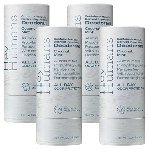 Hey Humans Deodorant, Aluminum Free Deodorant for Women and Men, Contains Naturally Derived Ingredients, All Day Odor Control, Refreshing Essential Oils, Earth Friendly Package, Coconut Mint