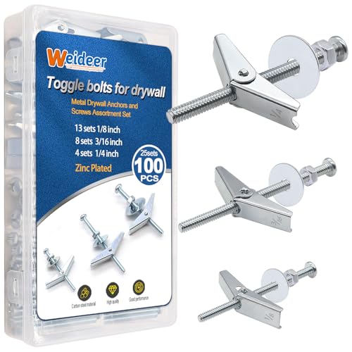 weideer 100Pcs Toggle Bolts 1/8" 3/16" 1/4" Heavy Duty Drywall Anchors and Screws Assortment Set Toggle Bolts and Wing Nut Kit with Nuts washers (25sets) K-136