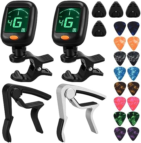 Guitar Capo Guitar Tuner Set, 2 Set Guitar Accessories, Including Guitar Capo Guitar Tuner Guitar Picks and Guitar Pick Holder, for Guitar Players and Guitar Beginners (2 Set)