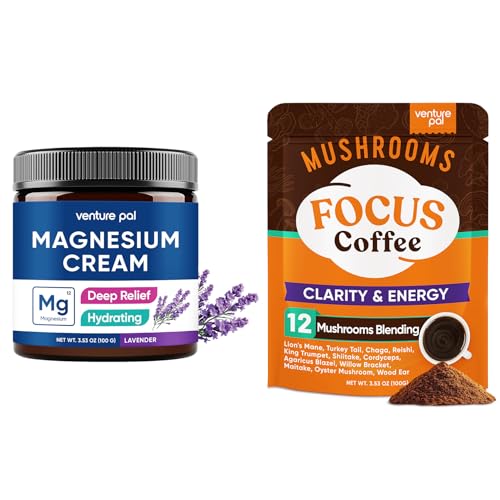 Venture Pal Topical Magnesium Lotion for Sleep, Muscle Relief & Relaxation + Mushroom Coffee 12 in 1 Coffee with Ashwagandha for Focus & Immunity