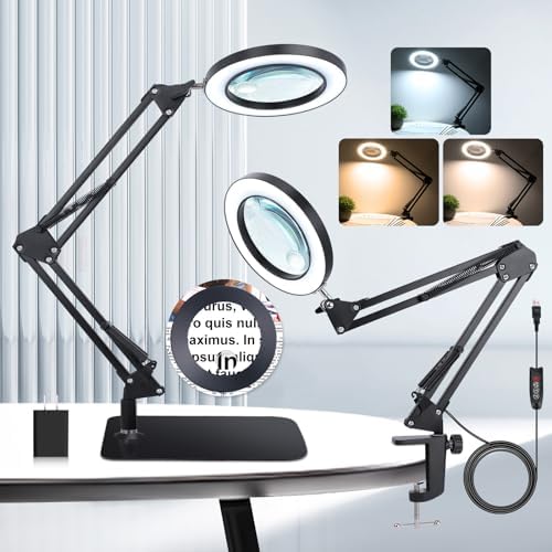 10X 20X Magnifying Glass with Light and Stand and Clamp, 2-in-1 Desk Book Magnifier for Reading 3 Color Modes Lighted Magnifying. Glass with Stand, Adjustable Height Magnifiers with Light Hands Free