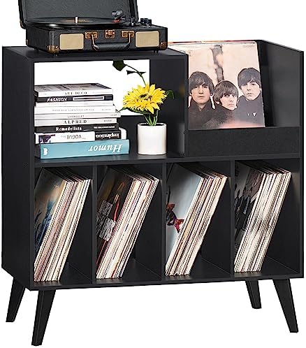 LELELINKY Large Record Player Stand, Turntable Stand with Storage, Vinyl Record Holder with Display Area, Record Player Table Holds Up to 300 Albums, Record Stand for Music room Living Room-Reto Black