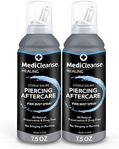 Sterile Saline Piercing Aftercare Fine Mist Spray, 7.5 Ounce, All Natural, No Alcohol, Vegan Friendly, for Piercings and Tattoos, Made in USA, Pack of 2