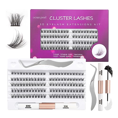 Individual Lashes 120 Cluster Lashes DIY Eyelash Extension Thin Band Wide Stem Lash Clusters with Applicator and Lash Bond and Seal Lash Extension Kit Mix 10-16mm Length C/D Curl - OP06