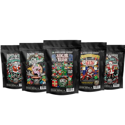 Bones Coffee Company Holiday Sample Pack Gift Set, Medium Roast Whole Bean Low Acid Flavored Coffee Beans (4 oz, Pack of 5)