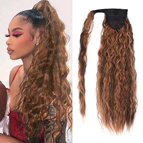 YEAME Corn Wave Ponytail Extension Clip in - 22 Inch Long Wavy Curly Wrap Around Pony Tail Heat Resistant Synthetic Hairpiece for Women (Brown mixed Light Auburn #8H30)