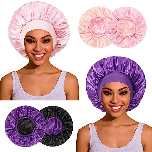 2pcs Double Layer Two-Color Satin Silk Hair Bonnet for Sleeping Women, Reversible Sleep Bonnets for Women, Wide Band Sleep Cap for Curly Hair Braids