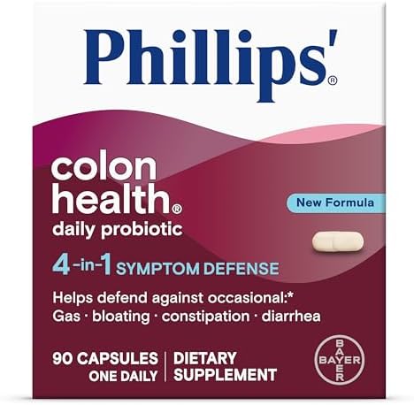 Phillips' Colon Health Daily Probiotic Capsules, 4-in-1 Symptom Defense to Help Defend Against Occasional Gas, Bloating, Constipation, and Diarrhea, Daily Supplement, 90 Count