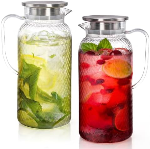 Nicunom 2 Pack Plastic Pitcher 68 Oz, Clear Pitcher with Lid, Water Jug for Fridge, BPA-Free, Ice Tea Pitchers for Juice, Sangria, Lemonade, Milk, Coffee, Cold or Hot Beverages
