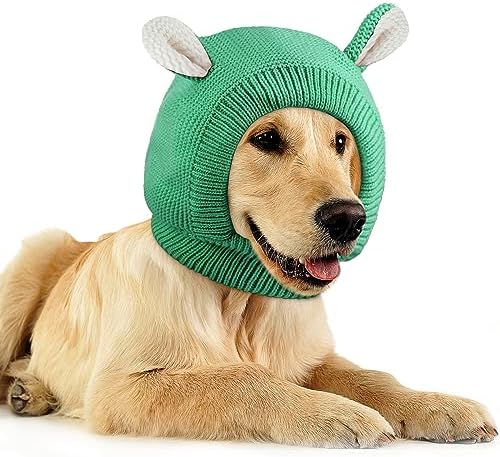 Quiet Ears for Dogs, Dog Ear Muffs Noise Protection Knitted Dog Hats Pet Ears Warm Dog Ear Cover Winter Hat Dog Snood Head Wrap Bunny Costume for Medium to Large Dogs Cats Pets (Green)