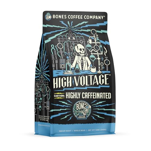 Bones Coffee Company High Voltage Flavored Coffee Beans, Whole Bean Coffee Medium Roast Low Acid, Highly Caffeinated (12 oz)