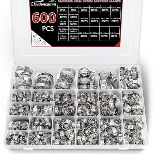 600PCS 22 Sizes Single Ear Hose Clamps, 5.3-33.1mm Crimp Hose Clamps 304 Stainless Steel, Ear Clamp Perfect for Automotive, Home Appliance Line, Pipe Hoses and Industry Use By Hydencamm