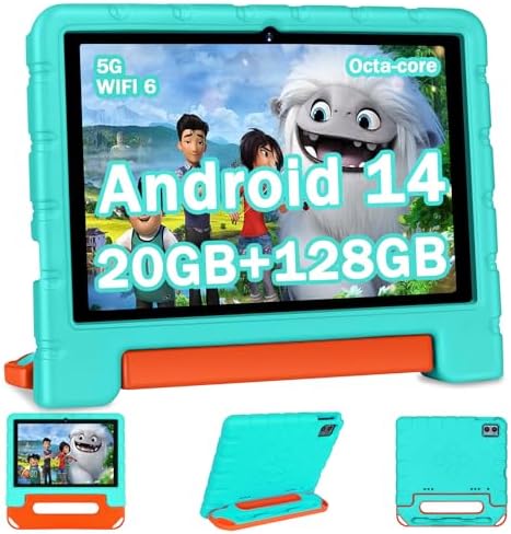 2025 Kids Tablet 10 inch Android 14 Tablets for Kid Octa-Core, 20GB+128GB (TF 1TB), Toddler Tablet with Shockproof Case, 2.4G+5G WiFi 6, Parental Control, Face Unlocked, Split Screen, BT5.0 (Green)