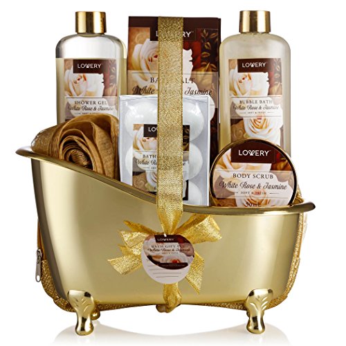 Valentines Day Gifts Home Spa Gift Basket, Luxury 13pc Bath & Body Set Men & Women, White Rose & Jasmine Scent - Shower Gel, Bubble Bath, Body Scrub, Salts, 6 Bath Bombs, Pouf, Cosmetic Bag & Gold Tub