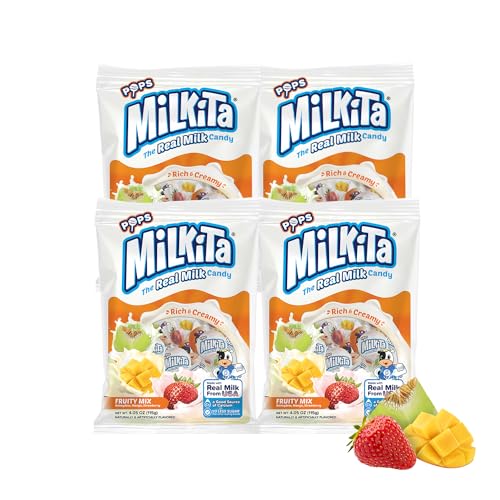Milkita Creamy Shake Lollipop Pack of 4, Gluten Free Chewy Candies with Calcium & Real Milk, Zero Trans Fat, Low-Sugar, Fruity Flavors (Strawberry, Honeydew, Mango), 40 Pcs