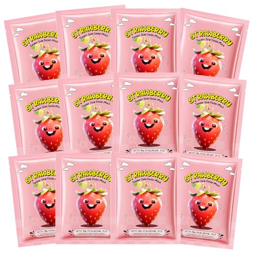Kaely 12 Pack Fruit Kids Facial Face Masks Skincare Kit Gift for Women Teens Kids Girls Spa, Strawberry Kid Sheet Face Masks Facemask Spa Day Birthday Sleepover Party Supplies kit for Teen Girls, 07