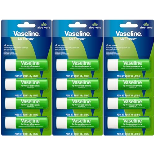 Vaseline Lip Therapy Aloe Fresh 12-Pack – Moisturizing Lip Balm for Very Dry Lips, 0.16 Oz Ea