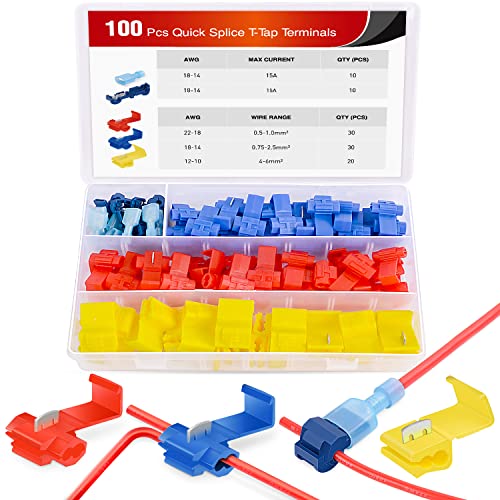 Nilight 100PCS Quick Splice Solderless Wire and T-Tap Electrical Connectors 22-18 18-14 12-10 AWG T Tap Insulated Terminal Assortment Kit