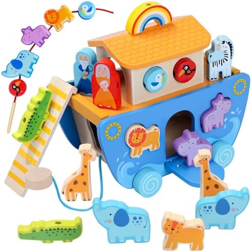 Wooden Noah's Ark Toy with Animal Shape Sorter,Baptism Gifts for 1 2 3 4 Years Old,Montessori Toys for Toddlers,Baptism Gifts for Boys and Girls,24 Months Babies
