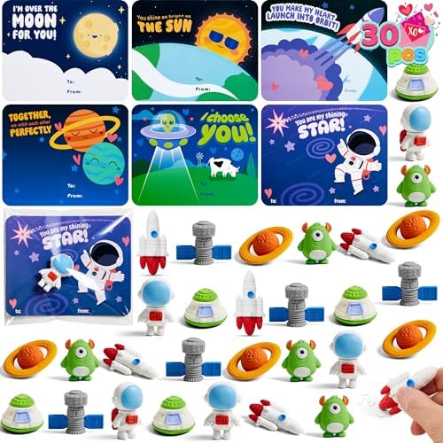 JOYIN 30 PCS Valentines Cards with Space Theme Erasers for Party Favor Gifts, Classroom Exchange Prize, Valentine’s Day Greeting Cards