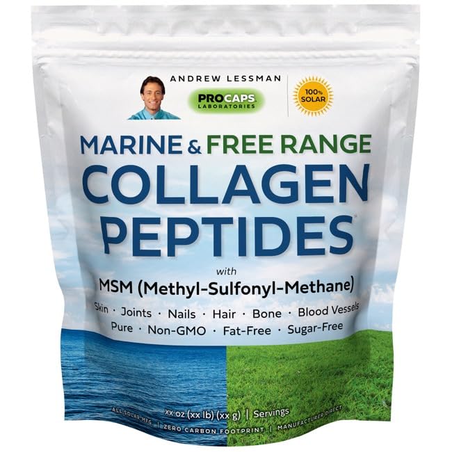 ANDREW LESSMAN Marine & Free Range Collagen Peptides Powder & MSM 240 Servings - Supports Radiant Smooth Soft Skin, Comfortable Joints. Super Soluble No Fishy Flavor No Additives Non-GMO