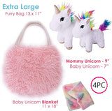 Perfectto Design Unicorn Toy for Girls Age 3-10; 4 PCS Set - Mommy and Baby Stuffed Animals, Bag and a Doll Blanket. Unicorn Gift for 3-8 Year Old Birthdays and Christmas