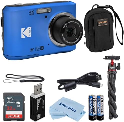 Kodak PIXPRO FZ45 Friendly Zoom 16MP Full HD Digital Camera, Bundle with 32GB Memory Card and Camera Bag, Flexible Tripod, and Card Reader (Blue)