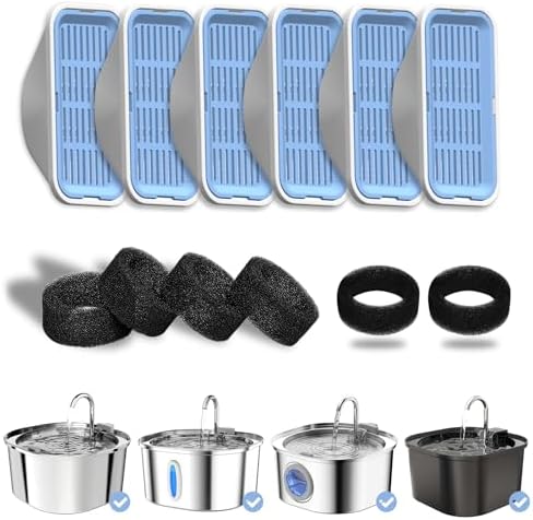 Cat Water Fountain Filters Replacement & Pre-Filter Sponges for 3.2L/108oz Automatic Pet Fountain, Dog Water Dispenser 6 Pack Filters & 6 Pre-Filter Sponges Foam Filters