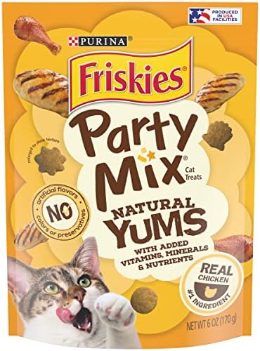 Purina Friskies Natural Cat Treats, Party Mix Natural Yums With Real Chicken & Vitamins, Minerals & Nutrients - (Pack of 6) 6 oz. Pouches