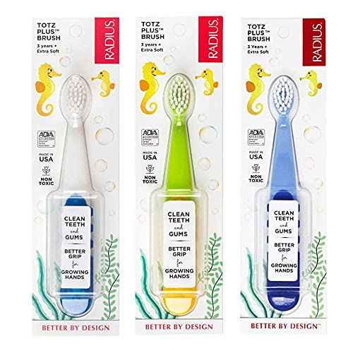 RADIUS Totz Plus Brush Kids Toothbrush Silky Soft BPA Free ADA Accepted Designed for Delicate Teeth & Gums for Children 3 Years & Up - Bluewhite/GreenYellow/Blueblue - Pack of 3