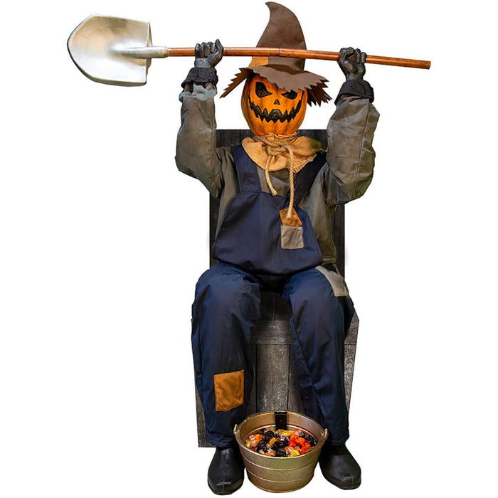 Haunted Hill Farm Motion-Activated Smiling Jack The Shovel-Wielding Sitting Scarecrow by Tekky, Talking Jump-Scare Halloween Animatronic, Plug-in or Battery Operated Halloween Decorations