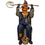 Haunted Hill Farm Motion-Activated Smiling Jack The Shovel-Wielding Sitting Scarecrow by Tekky, Talking Jump-Scare Halloween Animatronic, Plug-in or Battery Operated Halloween Decorations