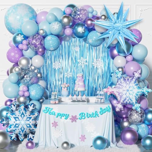 212pcs Frozen Balloon Arch Garland Kit, Blue Purple White Balloons with Fringe Curtain Snowflake Balloons Birthday Banner for Winter Wonderland 3th 4th Frozen Birthday Party Decorations