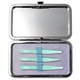 Tweezers Set Eyebrow Tweezers Slanted Pointed Flat Tweezers With Mirror 3 Pairs Leather Case Metal Clasp by Mofisi Ltd.